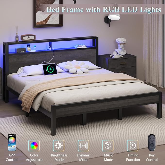 King Size Platform Bed with 2-Tier Storage Headboard, Metal Bed Frame with Charging Station & LED Light, Heavy Duty Metal Slats, No Box Spring Need, Noise Free, Grey