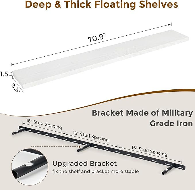 Fun Memories 72 Inch Floating Shelves for Wall, 72x9.3 Large Floating Shelf for Bedroom, Kitchen, Bathroom, Wall Mounted Rustic Wood Shelves with Invisible Bracket for Books, Decor, White