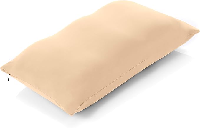 PILLOWY Premium Microbead Bed Pillow, Small Extra Fluffy But Supportive - Ultra Comfortable Sleep with Silk Like Anti Aging Cover 85% Spandex/ 15% Nylon Breathable, Cooling Barely Beige