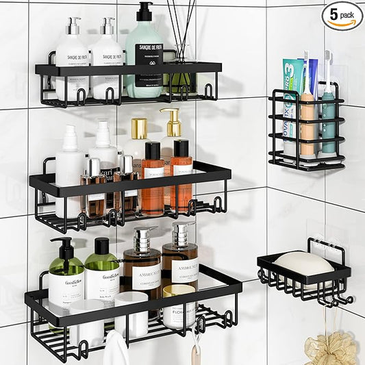 5 Pack Shower Caddy Organizer Rack Shelf for Inside Shower, Adhesive Bathroom Wall Storage Basket Rustproof Stainless Steel Shampoo Holder, Bathroom Accessory Decor Set, Black.