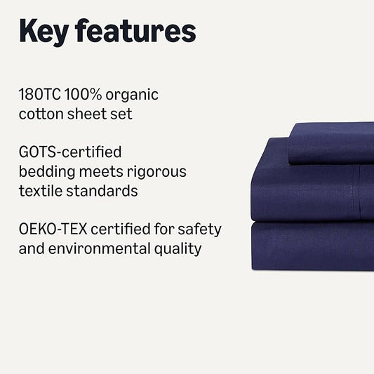 Amazon Basics Organic Cotton Sheet Set with 2-Pieces Pillowcase, Navy Blue, Queen