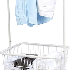 Amazon Basics Rectangular Laundry Hamper Basket Butler Cart with Wheels and Hanging Rack, White