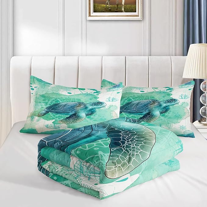CVHOUSE Sea Turtle Comforter Twin - Ocean Bohemia Quilt Set with 1 Comforter and 2 Pillow Cases