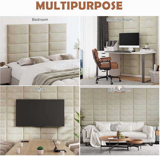 IFNOW Upholstered Wall Mounted Headboard, 3D Soundproof Wall Panels Peel and Stick, Reusable and Removable Tufted Bed Headboard in Beige (12 Panels, 10" x 24")