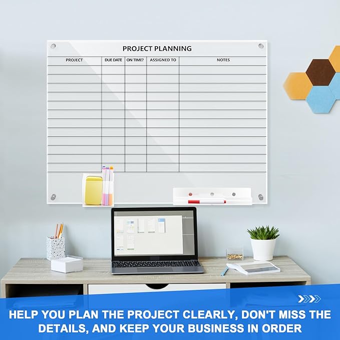 Lincia Acrylic Project Planning Whiteboard, 24 x 18 Inch Clear Wall Schedule Dry Erase Board with 8 Markers and Eraser, Whiteboard Planner with Lines for Home Office Project and Family Organization