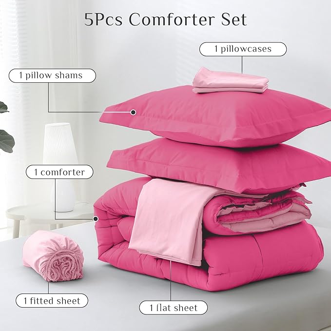 JOLLYVOGUE Twin XL Comforter Set, Ultra-Soft Bed in a Bag Twin XL Size 5 Pieces, Oeko-TEX Certified Bedding Set with Down Alternative Comforter, Sheets, Pillowcases & Shams, Hot Pink & Baby Pink