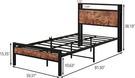 HOJINLINERO Twin Bed Frame with Storage Headboard/USB Charging Station,Single Platform Bed Frame Twin Size No Box Spring Needed,Strong Steel Slats Support,Bedroom Furniture,Rustic Brown