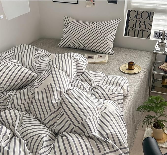 VM VOUGEMARKET Stripes Duvet Cover King,Instagram Style Geometric Duvet Cover with Zipper Ties 100% Cotton Modern Fashion Bedding Set for Men Women-King,Gray Stripes
