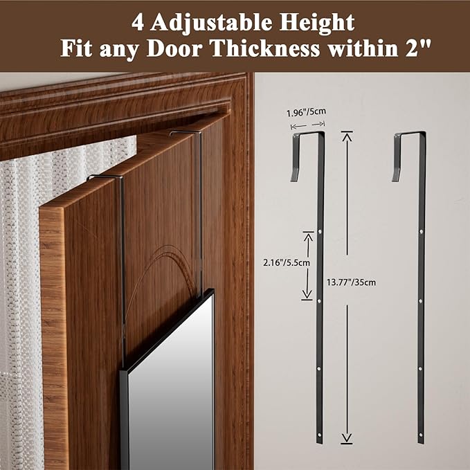 VooBang 14" x 48" Adjustable Height Over The Door Mirror - Rectangular Full Length Hanging Door Mirror with Shatterproof Tempered Glass Black Metal Frame for Dormitory