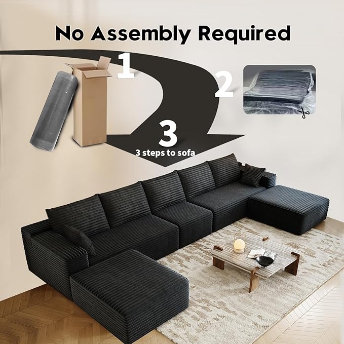 168.5" Modular Sectional Sofa, Oversized U-Shaped Minimalist Couches with 1 Middle Seat and 2 Ottomans Chaise, Modern Deep Seat Convertible Sleeper Sofa, Cloud Plush Corduroy Fabric,7 Seater, Black