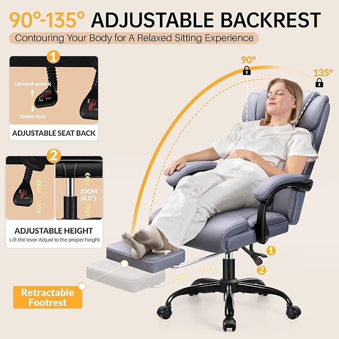 Office Chair, Executive Big and Tall Leather Desk Chairs with Footrest, Ergonomic Breathable Computer Chair with Adjustable High Back, Lumbar Support Swivel PC Chairs with Rocking Function
