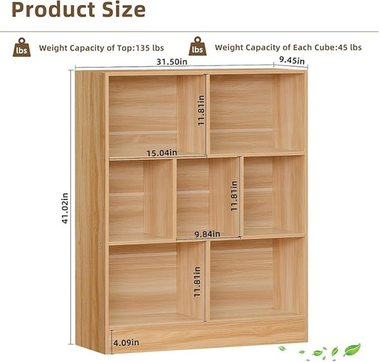LEYAOYAO 7 Cube Bookshelf with Wood Base,Natural 3 Tier Mid-Century Modern Bookcase,Standing Wide Bookshelves Storage Organizer Shelf,Rustic Display Cabinet Book Shelves for Bedroom,Living Room