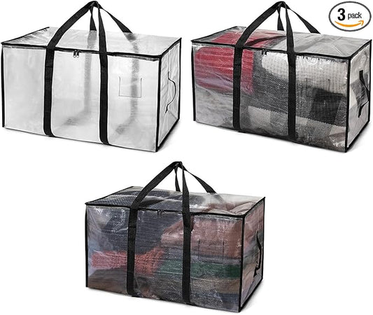 ClearSpace Heavy Duty Moving Bags or Storage Bags – Clear Storage Bins with Lids, Large Moving Boxes with Backpack Straps & Zippers,– Packing Box & Moving Supplies for College Dorm, 3 Pack