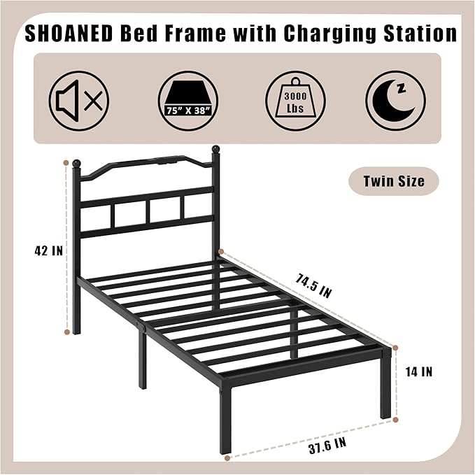 Twin Size Bed Frame - 14 Inch Metal Heavy Duty Bedframe with Charging Station Black Basic Steel Slats Platform with Headboard No Box Spring Needed/Easy Assembly
