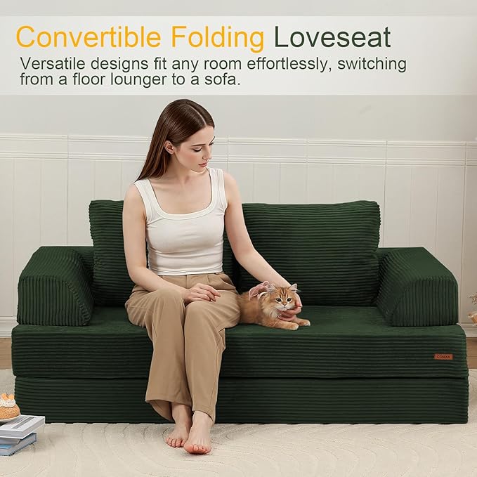 COMAX Convertible Sofa Bed, Folding Floor Couch Corduroy Fold Out Couch Bed Futon Sleeper Mattress with Pillows, Boneless Sofa Comfy Lounge Loveseat for Living Room Bedroom, Green