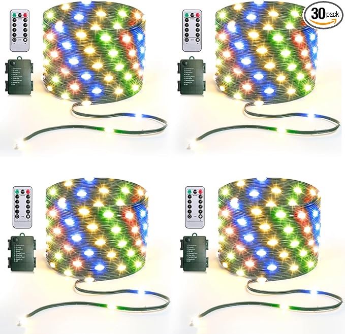 Battery Operated String Lights (4 Pack), 16.5ft 50 LED Fairy String Lights Battery Powered with Remote & Timer for Indoor Outdoor Christmas Trees Wreath Decoration Bedroom Patio - Multicolor