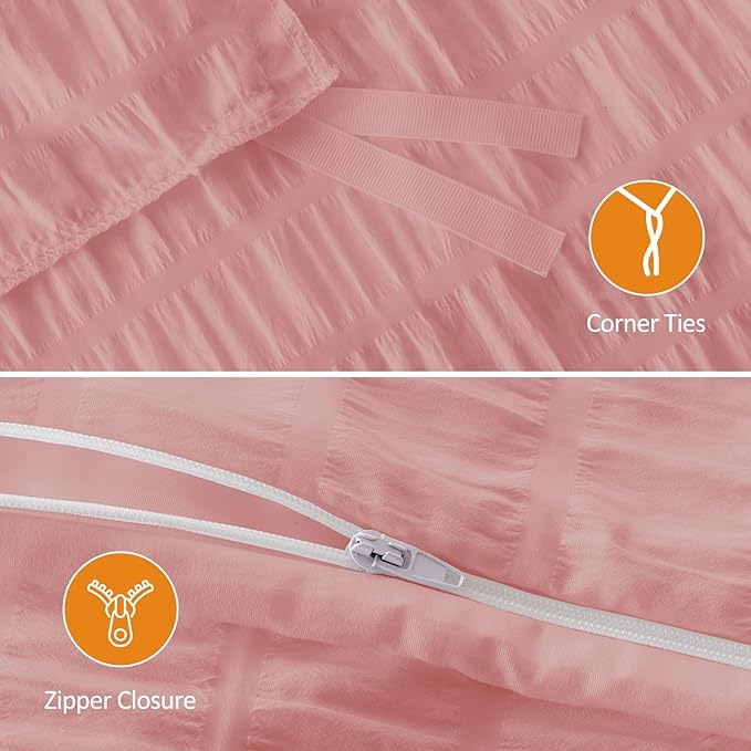 Cozyide Pink Duvet Cover Queen Size, 3 Pieces Bedding Duvet Covers, Soft Breathable Seersucker Duvet Cover Set with Zipper Closure and Corner Ties (1 Duvet Cover 90"x90" + 2 Pillow Shams 20"x26")