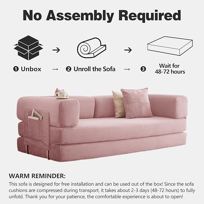 78.8" Convertible Sofa Bed -Compression Sofa with Corduroy Fabric - with Armrests and Backrest - Modular Sectional for Living Room, Bedroom, Studio - Compression Sofa in Box(Pink)