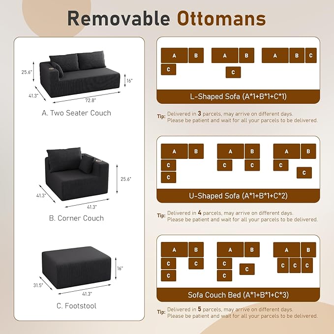 Furnimart 112" Oversized Modular Sectional Sleeper Sofa with 3 Ottomans, Boneless Cloud Couch Bed 3 Seater with Chaise for Living Room, Modern Convertible Sleeper Couch, No Assembly, Corduroy Black