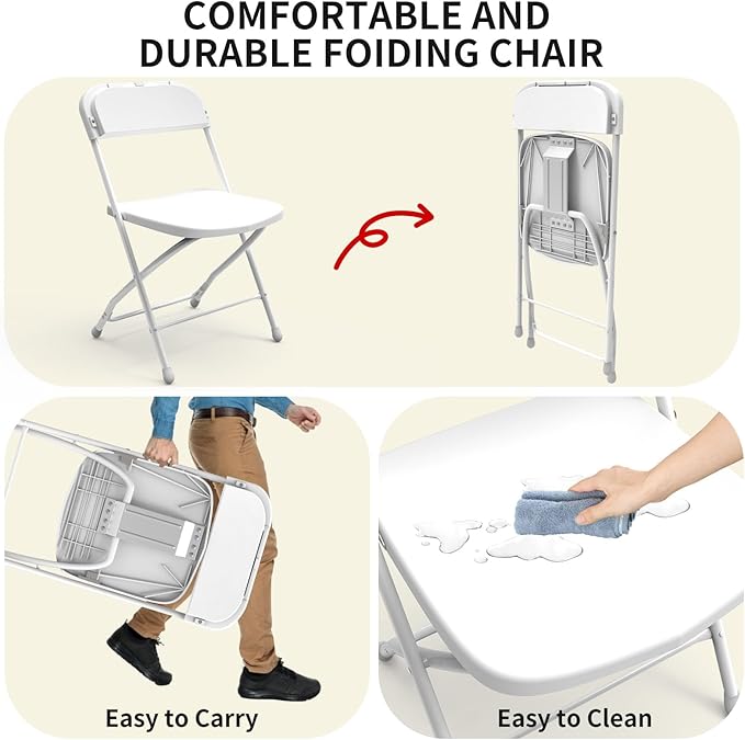 SHGJ&SOFT 6 Pack Folding Chairs, 350LBS Sturdy Metal Steel Frame Foldable Chairs, Heavy Duty Plastic Commercial Seating for Indoor, Outdoor, Party, Wedding, Patio, Office, Picnic (White, 6-Pack)
