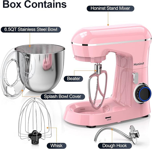 Stand Mixer, 6.5QT 10-Speed Tilt-Head Electric Stand Mixer, 3-In-1 Kitchen Mixer with Bowl, Dough Hook, Whisk and Beater, Food Mixer for Baking, Cake and Most Home Cooks, Pink