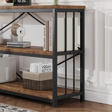 HSH Low Bookshelf, Industrial Wood 3 Tier Extra Long Horizontal Bookcase, Wide Open Metal Large Book Shelf for Bedroom Living Room, Rustic Brown, 70 Inch