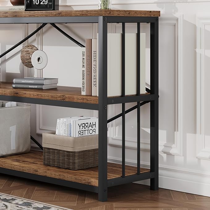HSH Horizontal Bookshelf, Wood Metal Low Bookcase with Storage, Open 3 Tier Etagere Book Shelf for Office Bedroom Living Room, Rustic Brown, 55 Inch