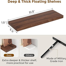 Fun Memories 32 Inch Floating Shelves, Wall-Mounted Bathroom Shelves Set of 2, 9.3 Inch Deep Floating Shelf Bookshelf for Living Room, Bedroom, Heavy-Duty Deep Storage Shelf for Wall, Walnut Color
