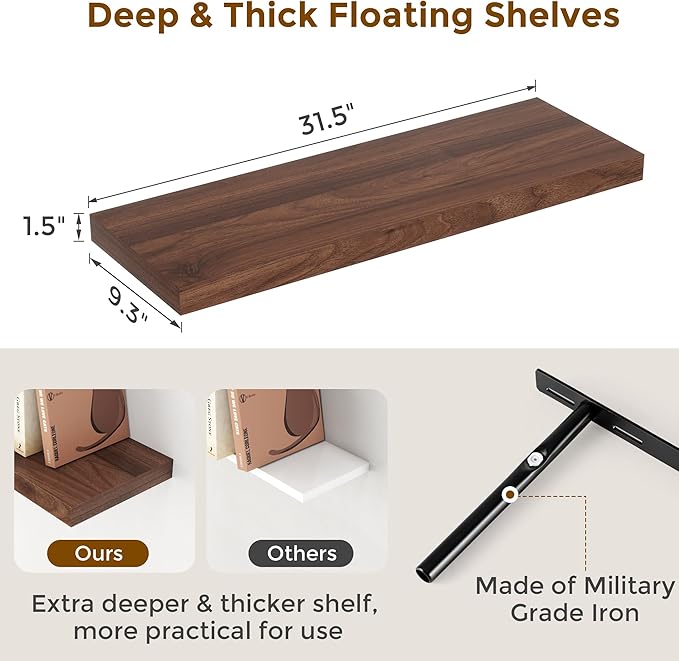 Fun Memories 32 Inch Floating Shelves, Wall-Mounted Bathroom Shelves Set of 2, 9.3 Inch Deep Floating Shelf Bookshelf for Living Room, Bedroom, Heavy-Duty Deep Storage Shelf for Wall, Walnut Color