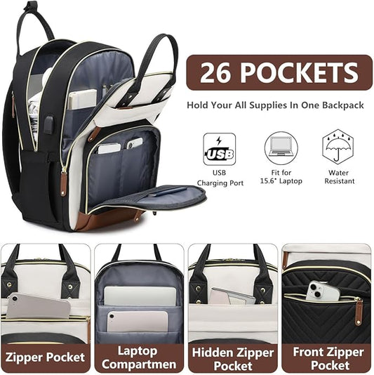 Laptop Backpack for Women Work Bookbag: 18 Inch College Backpacks with USB Charger School Book Bag Waterproof Travel Back Pack Anti-Theft Casual Bookbags for Girls Teacher Nurse Beige Black Brown