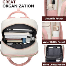 Laptop Backpack Women Work Bags - 15.6 inch Travel Backpack with USB Charger College Bookbag Waterproof Business Computer Backpack Anti-theft Casual Work Backpacks for Women Nurse Teacher Beige-Pink
