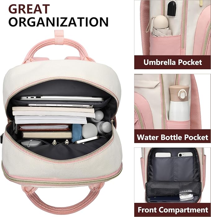 Laptop Backpack Women Work Bags - 15.6 inch Travel Backpack with USB Charger College Bookbag Waterproof Business Computer Backpack Anti-theft Casual Work Backpacks for Women Nurse Teacher Beige-Pink