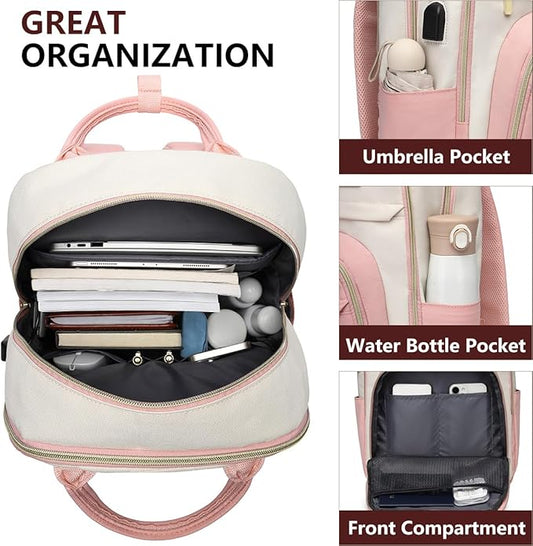 Laptop Backpack Women Work Bags - 15.6 inch Travel Backpack with USB Charger College Bookbag Waterproof Business Computer Backpack Anti-theft Casual Work Backpacks for Women Nurse Teacher Beige-Pink