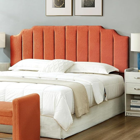 24KF Orange Teddy Fabric Tufted King Upholstered Headboard, Modern Vertical Channel Design California King Headboard with Stepped Silhouette Top Edge,6026-K-Teddy Orange