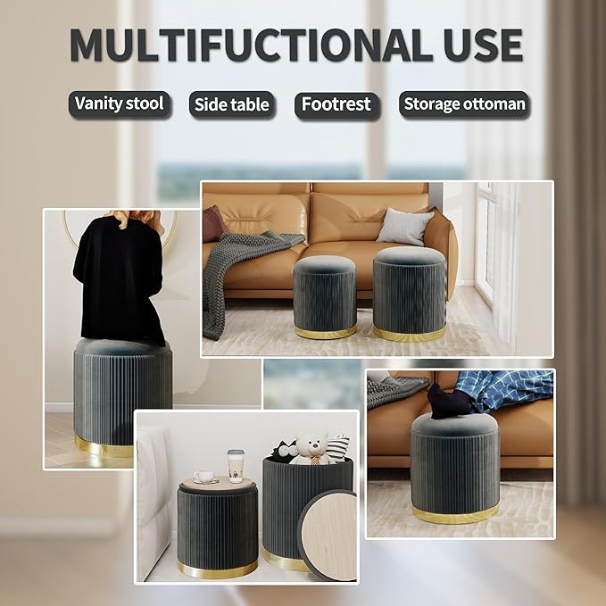 Twira Round Ottoman with Storage Set of 2, Velvet Nesting Ottoman for Living Room,Bedroom,Dorm,RV, Flip-up Lid Coffee Table, Upholstered Makeup Vanity Stool,Multifunctional Foot Rest 330lbs Load Grey