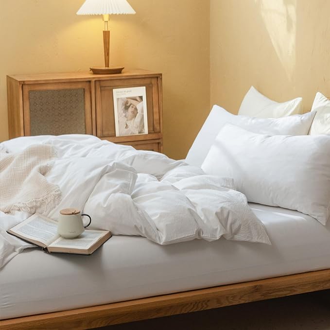 FOSSA Duvet Cover Set 100% Washed Cotton Linen Feel Super Soft Breathable Cozy 3 Pieces Bedding Sets Solid Off White Super King