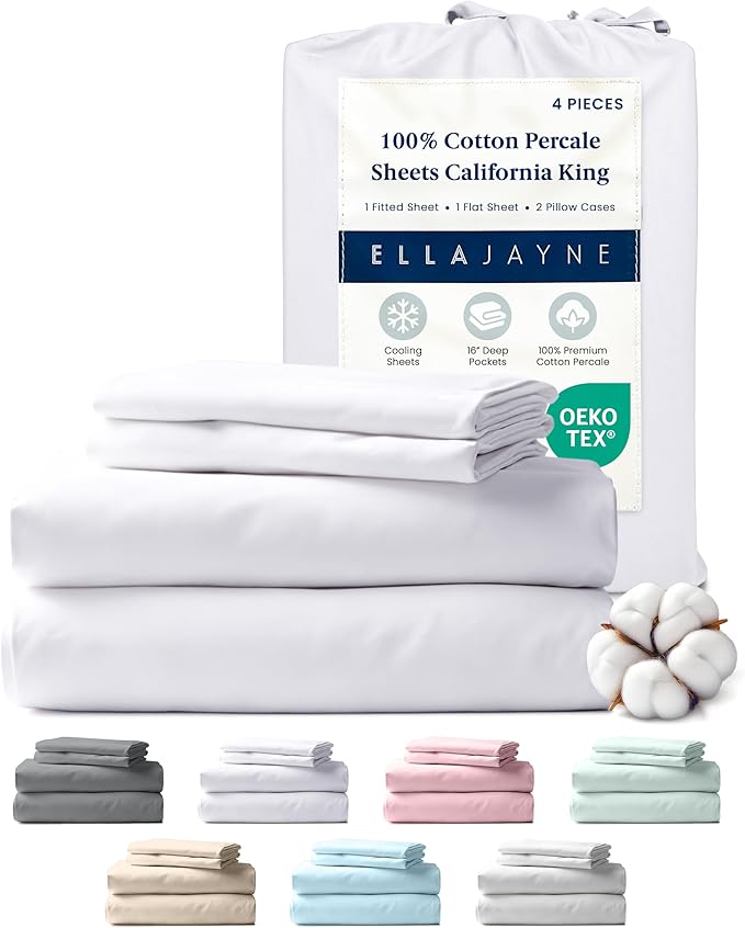 Ella Jayne Cotton Percale Sheets California King (4 Pieces) Permium 100% Cotton Percale TC300, Hotel Luxury Collection, Deep Pockets and Cooling California King Percale Sheets (White)