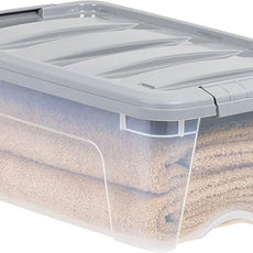 Amazon Basics Plastic Storage Containers with Secure Latching Lids, Stackable Organization Bins, Clear/Grey, 12 Quart, Set of 6