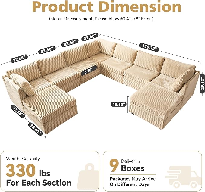 Large 9 Seat Modular Sectional Sofa with Ottoman Seat Corduroy Sleeper Sectional Sofa Bed Oversized Convertible Modular Couch for Living Room