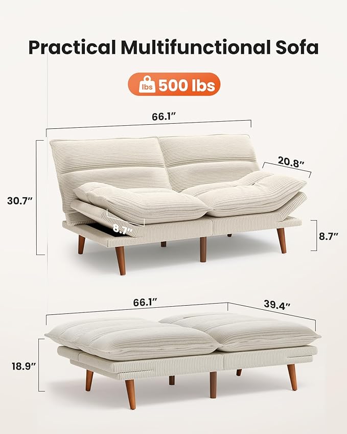 Amada Convertible Futon Sofa Bed - Corduroy Loveseat with Adjustable Backrest & Armrests, Thickened Seat Cushion, Small Space Sleeper Couch for Apartment, Study Room & Office（Off-White，66 Inch ）