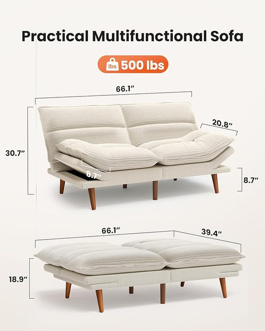Amada Convertible Futon Sofa Bed - Corduroy Loveseat with Adjustable Backrest & Armrests, Thickened Seat Cushion, Small Space Sleeper Couch for Apartment, Study Room & Office（Off-White，66 Inch ）