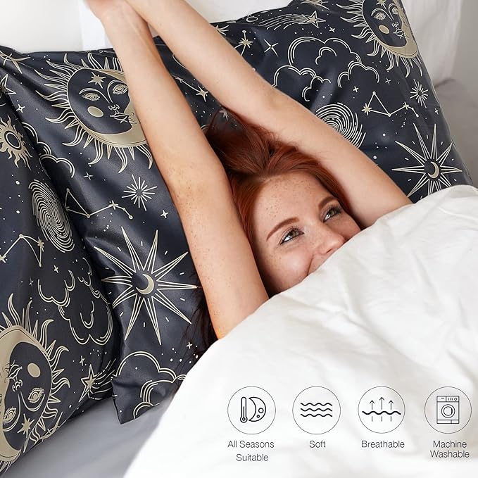 EXQ Home Satin Pillowcase for Hair and Skin - Black Printed Silk Pillowcase 2 Pack 20x26 inches - Standard Satin Pillow Cases Set of 2 with Envelope Closure, Gifts for Women Men