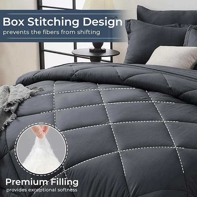 HEVUMYI Full Comforter Set - 7-Piece All Season Bed in a Bag Full, Ultra Soft Bedding Set with Comforter, Flat Sheet, Fitted Sheet, Pillowcases, Pillow Shams, Dark Grey