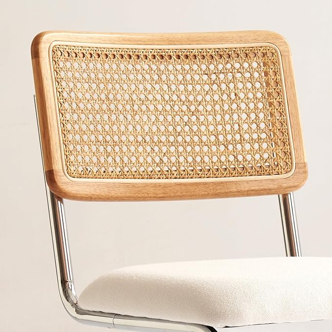 Natural Rattan Counter Height Stools Set of 3 with Solid Wood Back, 29 Inch Mid Century Modern Cesca Bar Stools, White Upholstery Boho Stool for Kitchen Counter with Chrome Metal Legs
