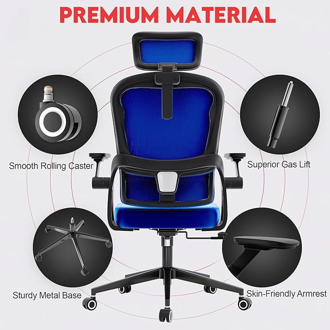 Ergonomic Office Chair - 400LB Comfy Desk Chairs with Adjustable Headrest and Lumbar Back Support, Mesh Computer Chairs with Wheels and Arms for Home Office, Study