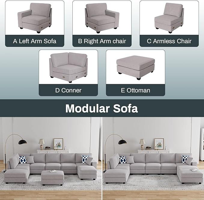 Legend Vansen Modular Sectional Sofa U Shaped Couch with Ottoman Modern Reversible Corner Sectional Couch for Living Room (Light Grey, U Shaped Sofa-4)