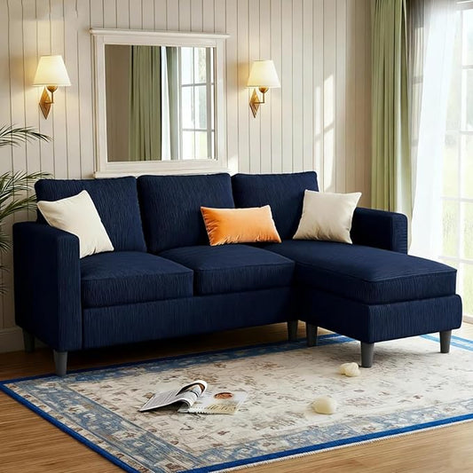 JAMFLY 3-Seat Convertible L-Shaped Sectional Sofa with Reversible Ottoman, Upholstered Fabric Couch for Small Living Rooms, Modern Modular Couch for Apartment, Studio & Loft, Blue