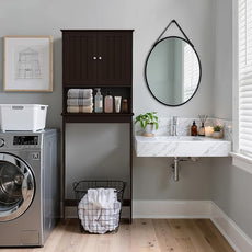 Over The Toilet Storage Cabinet, Behind Toilet Bathroom Organizer with Adjustable Shelves, Above Toilet Organizers with Barn Door, Space Saver for Restroom, Bathroom, Laundry