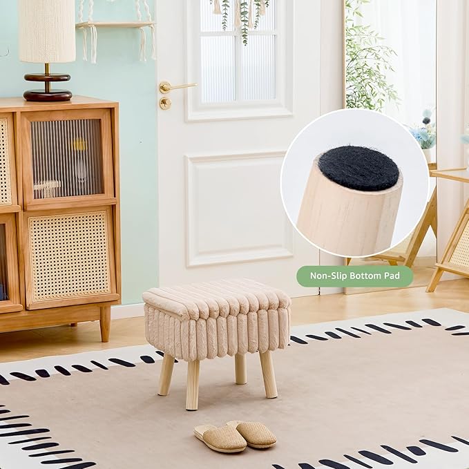Wimarsbon Storage Ottoman,Soft Faux Fur Footstool with Padded Seat, Small Reading Vanity Chair, Footrest with Wood Tray for Couch, Mini Coffee Table or Display Stand (Beige, Rectangular Storage)
