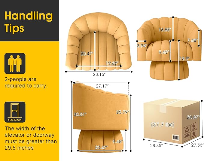 Accent Chair Mid Century 360 Degree Swivel Chair,Modern Lounge Sofa Round Barrel Chair with Wide Upholstered,Fluffy Velvet Fabric Chairs for Home Sofa Living Room/Bedroom/Waiting Room (Mustard)